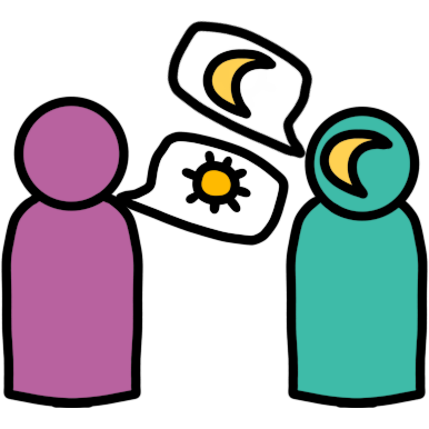A pink figure and a teal figure. The teal figure has a moon symbol on their head. The pink figure has a speech bubble with a sun in it, and the teal figure has a speech bubble with a moon in it, correcting them.